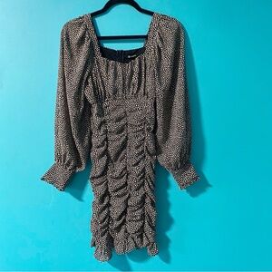 Versona 2 Black Grey Polka Dot Ruched Ruffle Long Sleeve Mini Dress